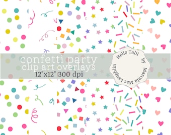 Rainbow Pastel Confetti OVERLAYS+ Digital Papers- Assorted Confetti Clipart in Pastel colors Png + Jpg Sprinkles Hearts Stars Dots Swirls