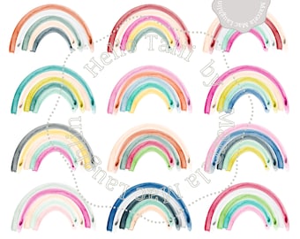 WATERCOLOR RAINBOW Clipart- 12 Hand painted Watercolor Rainbows in pastel colors + 1 Textured Paper- Boho Colorful brushstrokes Nursery Deco