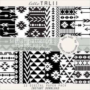 Aztec Digital Paper TRIBAL Black and White- Aztec backgrounds Arrows Minimal Geometric Backgrounds Tribal Ethnic Boho Triangles Diamonds