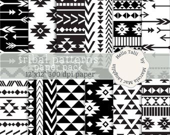 Aztec Digital Paper TRIBAL Black and White- Aztec backgrounds Arrows Minimal Geometric Backgrounds Tribal Ethnic Boho Triangles Diamonds