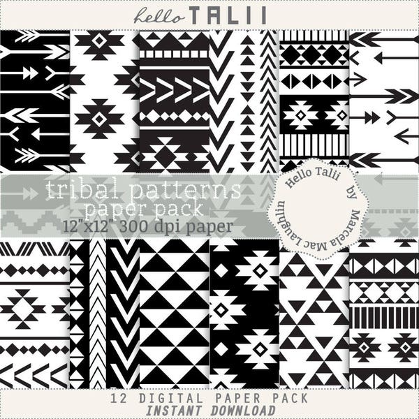 Aztec Digital Paper TRIBAL Black and White- Aztec backgrounds Arrows Minimal Geometric Backgrounds Tribal Ethnic Boho Triangles Diamonds