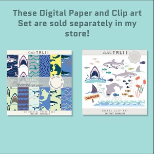 May include: Digital paper pack and clip art set with shark designs. The paper pack includes patterns with sharks and ocean elements. The clip art set features sharks, fish, and ocean graphics. The text says "Hello Talli" and "Instant Download".