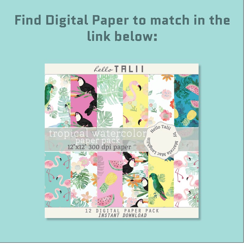 May include: A digital paper pack with 12 tropical watercolor designs. The designs feature flamingos, toucans, pineapples, watermelons, and palm leaves. The paper is 12 inches by 12 inches and 300 dpi.