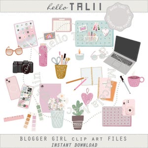 INFLUENCER CLIPART- Home Office Supplies Fashion Blogger Planner Hand drawn Clip Art Girl Decor Phone Tablet Camera Mood Board Tech Girl