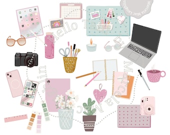 GIRL BOSS CLIPART- Home Office Fashion Blogger Planner Influencer Handdrawn Clip Art Decor Phone Tablet Camera Mood Board Tech Girl Business