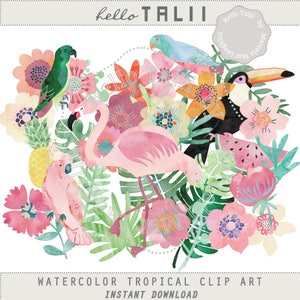 May include: Watercolor tropical clip art featuring a pink flamingo, a toucan, a parrot, a cockatoo, and a pineapple. The illustration is surrounded by lush green leaves and colorful flowers.