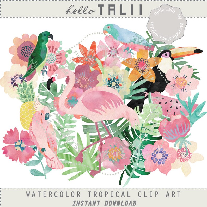 May include: Watercolor tropical clip art featuring a pink flamingo, a toucan, a parrot, a cockatoo, and a pineapple. The illustration is surrounded by lush green leaves and colorful flowers.