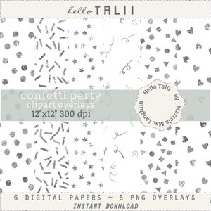 Confetti PLATEADO Clipart y Papel Digital JPG + PNG- 6 papeles blancos con confetti de Brillos en Plata +6 Png con fondo transparente
