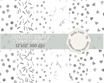 SILVER Confetti Overlays- 6 Transparent PNG + 6 White and Silver Digital Papers Sprinkles Hearts Stars Dots in silver glitter for parties