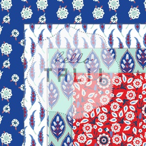 May include: Four different fabric patterns with blue, red, and white floral designs. The patterns are arranged in a grid.
