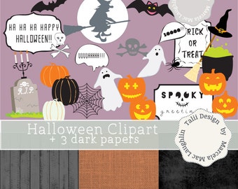 Halloween Clipart: Witch, Phantoms, Pumpkins + 3 Digital Papers (Digital Download)