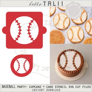 May include: Red baseball-themed stencils and a decorated cake. The stencils feature a baseball design, with a square and a teardrop shape. The cake is round, with a baseball design on top. The text "hello TALII" is at the top.