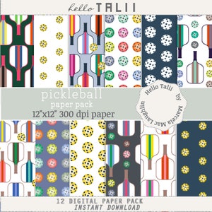 May include: A digital paper pack with 12 different patterns featuring pickleball paddles and balls in various colors and designs. The patterns are 12 inches by 12 inches and 300 dpi.