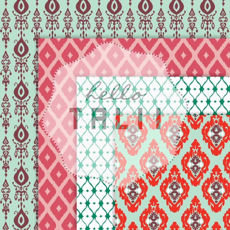 Ikat Digital Paper Christmas Ikat Patterns Digital Ikat Teal Green And 