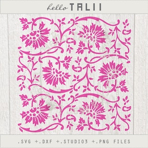 May include: A pink floral pattern design with the text "hello TALII" at the top. The design features stylized flowers and vines. The bottom of the image includes the file types: .SVG + .DXF + .STUDIO3 + .PNG FILES.