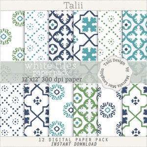 White Tiles DIGITAL PAPER- Moroccan trellis Vintage tiles background summer colors white blue mosaiques acqua teal green mosaics patterns