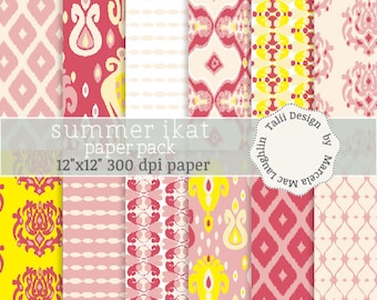 Ikat Digital Paper SUMMER IKAT PATTERNS- Tribal backgrounds bright colorful ikat pink yellow red vintage wedding invites summer party decor