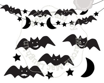 Halloween DECOR Bats Garland Svg cut files- DIY Bat Wreath Moon Stars Halloween Banner Svg+ Png+ Dxf+ Studio3 for Silhouette Cricut