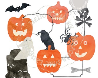 WATERCOLOR HALLOWEEN CLIPART- Watercolor Pumpkins Jack O lLantern Phantom Skull Bat Spider and Watercolor Frames for cards invites