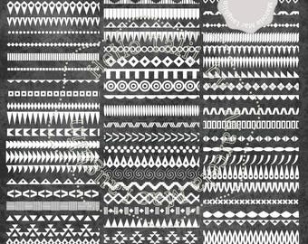 60 AZTEC BORDERS Clip Art- 60 Tribal digital borders in white+ 1 Black Chalkboard Digital Paper Geometric Clipart Native American Borders