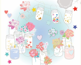 Mason Jar Decor Clipart- MASON JARS Centerpieces Clip Art with lights candles flowers hearts stars confetti Shabby Chic Wedding Baby showers