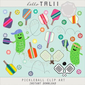 PICKLEBALL Clipart- Pickle Clip art  Colorful Balls Clipart Rackets Paddles Sports Clipart Pickball Lovers Clipart Pickles Players Graphics