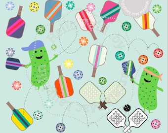 PICKLEBALL Clipart- Pickle Clip art  Colorful Balls Clipart Rackets Paddles Sports Clipart Pickball Lovers Clipart Pickles Players Graphics