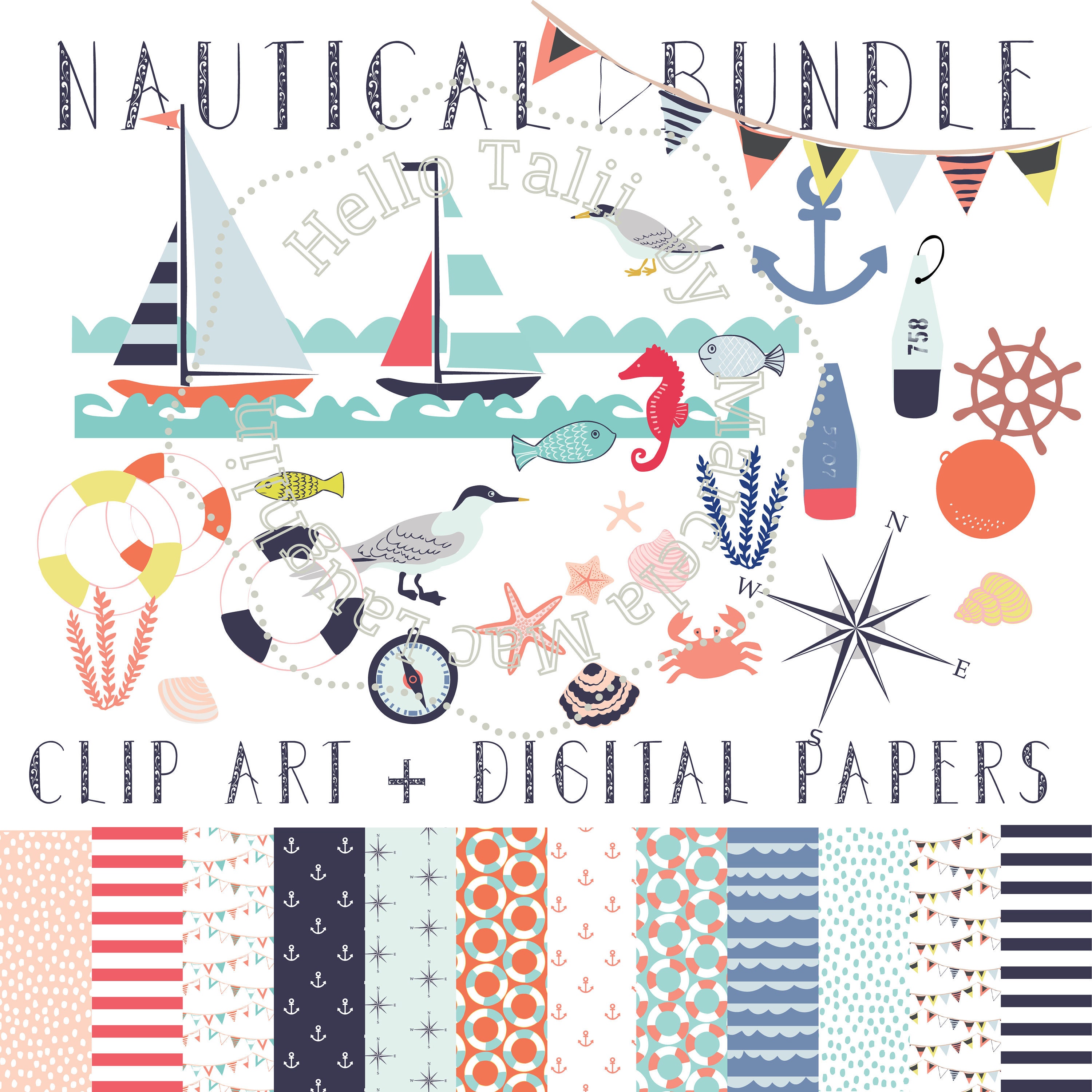Nautical BUNDLE Clip Art + Digital Paper- Summer Graphics Navy backgrounds Sea waves salinig ships Marine bunting flags anchors boats buoys