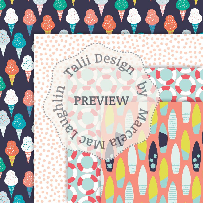 Summer Digital Paper SUMMER Fun Patterns- Surfboards Ice Cream Cones ...
