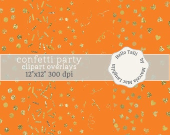 Orange and Gold CONFETTI Party Digital Paper- Glitter Confetti on Orange Background Sprinkles Hearts Stars Dots Swirls for Cards Decor