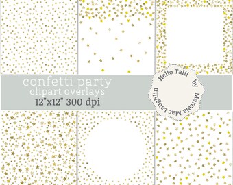 Gold STARS CONFETTI Overlays Transparent Png + Jpg Digital Papers- Golden Glitter Confetti Stars Frames Party Clipart Overlays Parties
