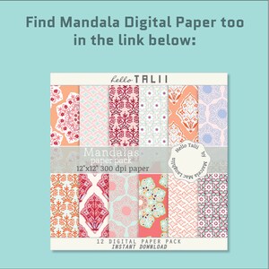 May include: A collection of 12 digital mandala paper pack designs. Each 12"x12" sheet features intricate patterns in various colors, including coral, teal, and pink. The text reads "Mandalas paper pack" and "Instant Download".