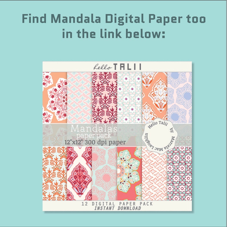May include: A collection of 12 digital mandala paper pack designs. Each 12"x12" sheet features intricate patterns in various colors, including coral, teal, and pink. The text reads "Mandalas paper pack" and "Instant Download".