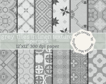 GREY LINEN Digital Paper- Linen textures with tile drawing pattern background in grey colors Mosaics Stars Stripes Flowers for cards invites