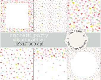 Rainbow HEARTS Overlays Transparent PNG+ JPG Digital Papers- Multicolor Confetti Hearts Party Clipart Overlays Valentine frames decor cards