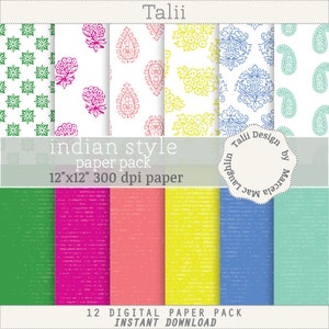 May include: A digital paper pack featuring various Indian-inspired patterns. The designs include floral and paisley motifs in green, pink, yellow, and blue, set against a white background. The pack also includes solid color papers in green, pink, coral, yellow, blue, and teal. The text reads "Indian Style Paper Pack".