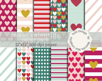 Sweet Valentine DIGITAL PAPER PACK- Hearts stripes and dots backgrounds Pink red green gold glitter hearts Wedding Valentines Day Sweet 16