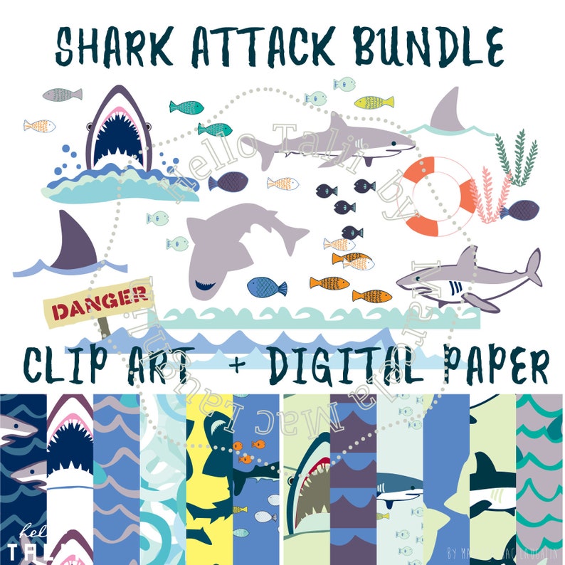 May include: A digital art bundle featuring sharks, fish, and waves. The design includes a life preserver and the text "SHARK ATTACK BUNDLE", "CLIP ART + DIGITAL PAPER", and "DANGER". The colour palette is predominantly blue and grey.