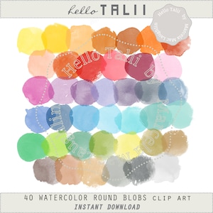 Puede incluir: Una colección de 40 manchas redondas de acuarela en varios colores, incluyendo amarillo, naranja, rojo, morado, azul, verde y marrón. La imagen incluye el texto "hello TALII" y "40 WATERCOLOR ROUND BLOBS CLIP ART INSTANT DOWNLOAD".