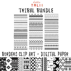 TRIBAL BUNDLE- 60 Tribal Borders Clip Art files + 12 Black and White Aztec Digital Paper- Geometric Borders and Tribal Pattern Backgrounds
