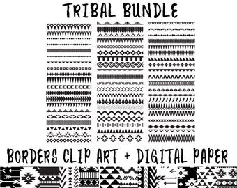 TRIBAL BUNDLE- 60 Tribal Borders Clip Art files + 12 Black and White Aztec Digital Paper- Geometric Borders and Tribal Pattern Backgrounds