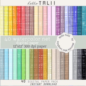 Puede incluir: Un paquete de papel digital con 40 diseños de red de acuarela en varios colores. El paquete incluye papel de 30,48 cm x 30,48 cm a 300 ppp. El texto "hello TALII" y "40 DIGITAL PAPER PACK INSTANT DOWNLOAD" son visibles.
