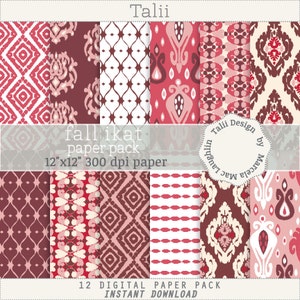 May include: A digital paper pack featuring 12 unique designs with fall ikat patterns in shades of red, burgundy, and cream. Each 12"x12" paper has a 300 dpi resolution. The pack is titled "fall ikat paper pack" and is an instant download.