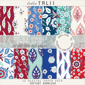 Iznik Digital Paper IZNIK TILES Turkish Tiles Iznik Flowers in Red Blue White Teal Flowers Flourishes Arabesques Wedding Party Invitations