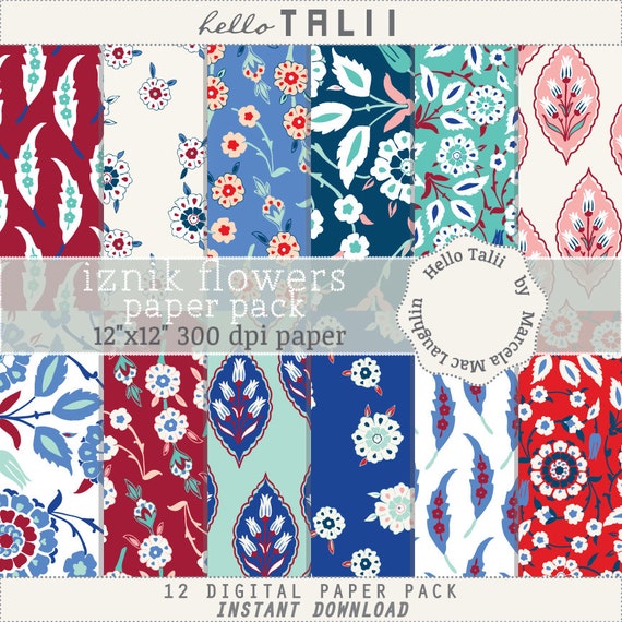 Iznik Digital Paper IZNIK TILES Turkish Tiles Iznik Flowers in Red Blue White Teal Flowers Flourishes Arabesques Wedding Party Invitations
