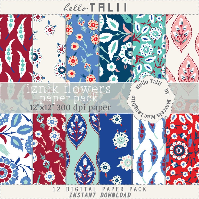 May include: A digital paper pack with 12 different patterns featuring blue, red, white, and green floral designs inspired by Iznik tiles. The patterns are 12 inches by 12 inches and 300 dpi.