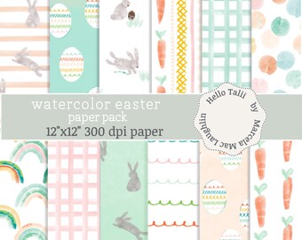 WATERCOLOR EASTER Digital Paper- Happy Easter Backgrounds in Pastel Colors Watercolor- Rabbits Decorated Eggs Carrots Bubbles Rainbows