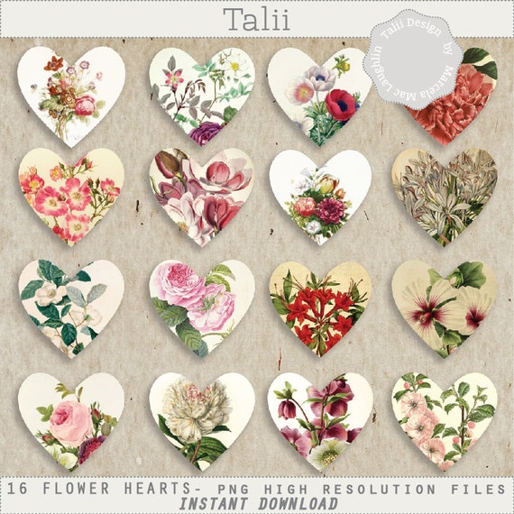Download Botanical Hearts Clip Art 16 Hearts Vintage Style Flower Etsy