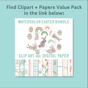 May include: Watercolor Easter clipart and digital paper bundle featuring bunnies, eggs, rainbows, and carrots. The clipart includes individual images of bunnies, eggs, and rainbows. The digital paper includes patterns with bunnies, eggs, rainbows, and carrots.