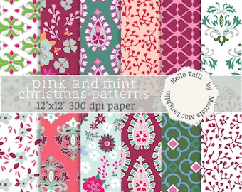 Pink and Mint Digital Paper- Floral and Paisley Patterns- Red green white pink mint damask arabesques flowers tiles Cards Gift wrapping